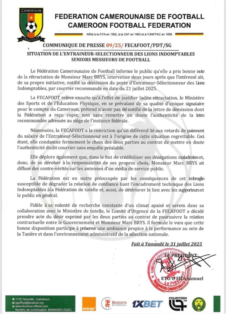 La Fecafoot conforte Marc Brys à son tour