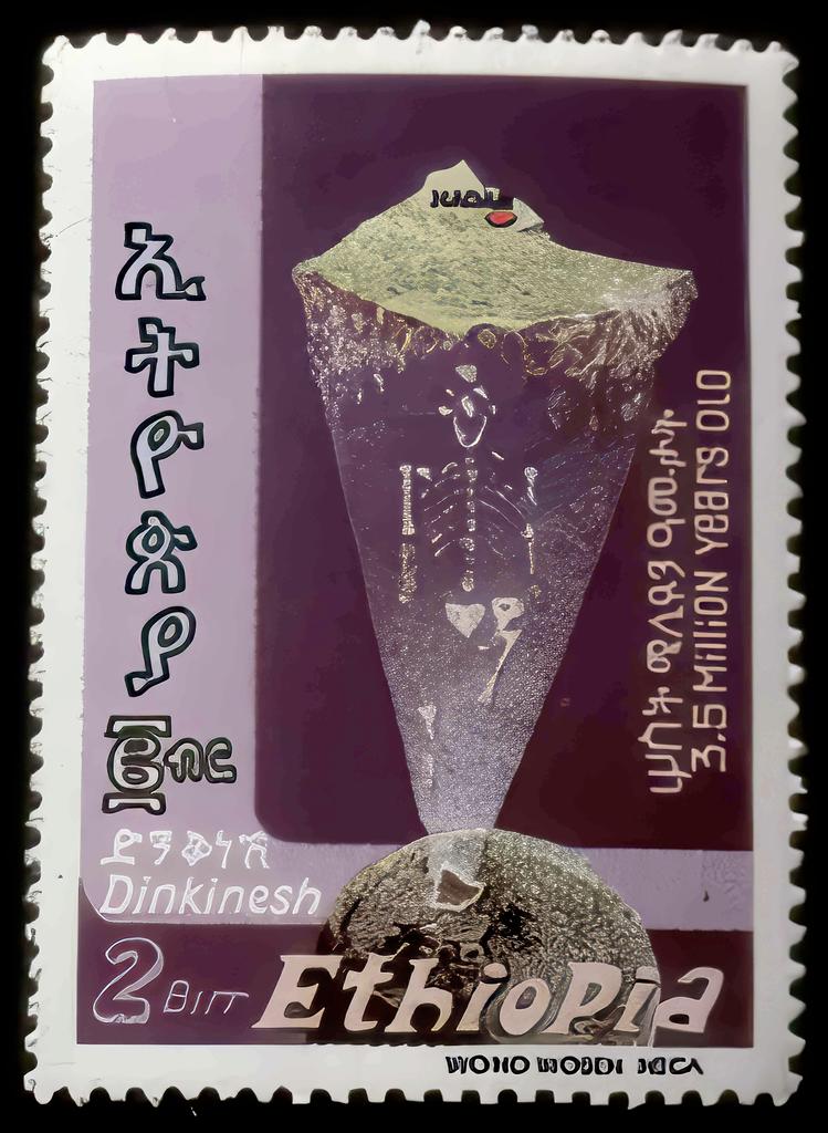 Timbre éthiopien de 1986 montrant Denqnesh/Lucy aux racines del’Éthiopie. 