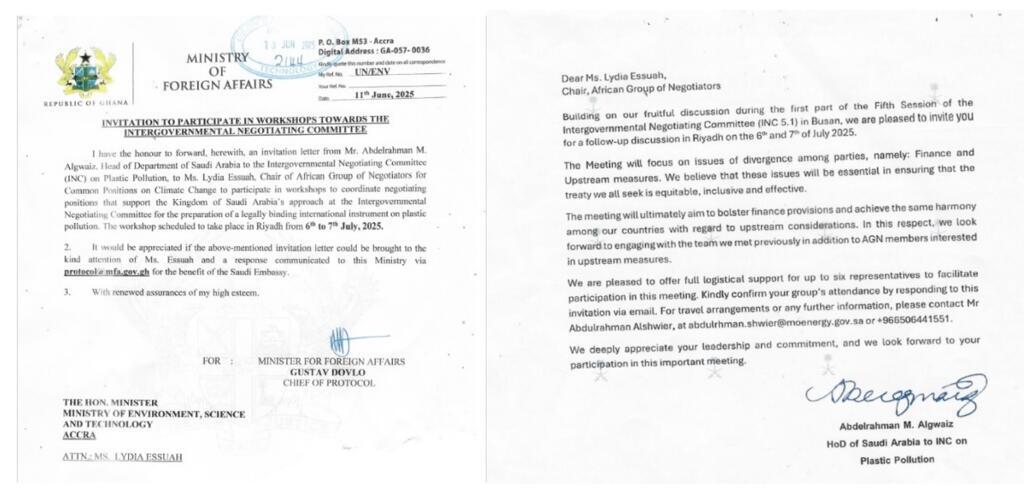 Lettre d'invitation du chef de la délégation d'Arabie saoudite à la présidente ghanéenne du groupe Afrique à une réunion qui a finalement a eu lieu les 23 et 24 juillet.