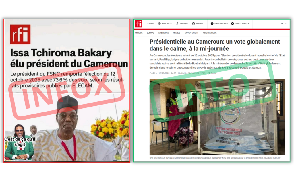 Comparaison entre ce faux contenu (à gauche) et un article authentique produit par RFI (à droite).