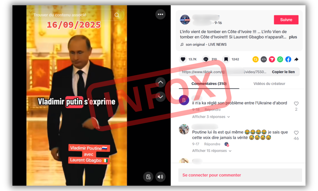 Non, Vladimir Poutine n'a pas apporté son soutien à Laurent Gbagbo, contrairement à ce qu'affirme cette vidéo.