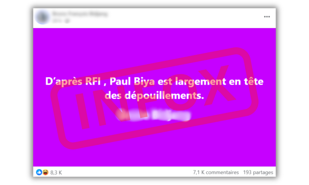 Non, RFI n'a pas déclaré que Paul Biya était en tête des dépouillements.