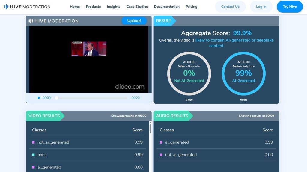 Le détecteur d'IA, Hive Moderation, est sans appel. Il s'agit d'un deepfake.