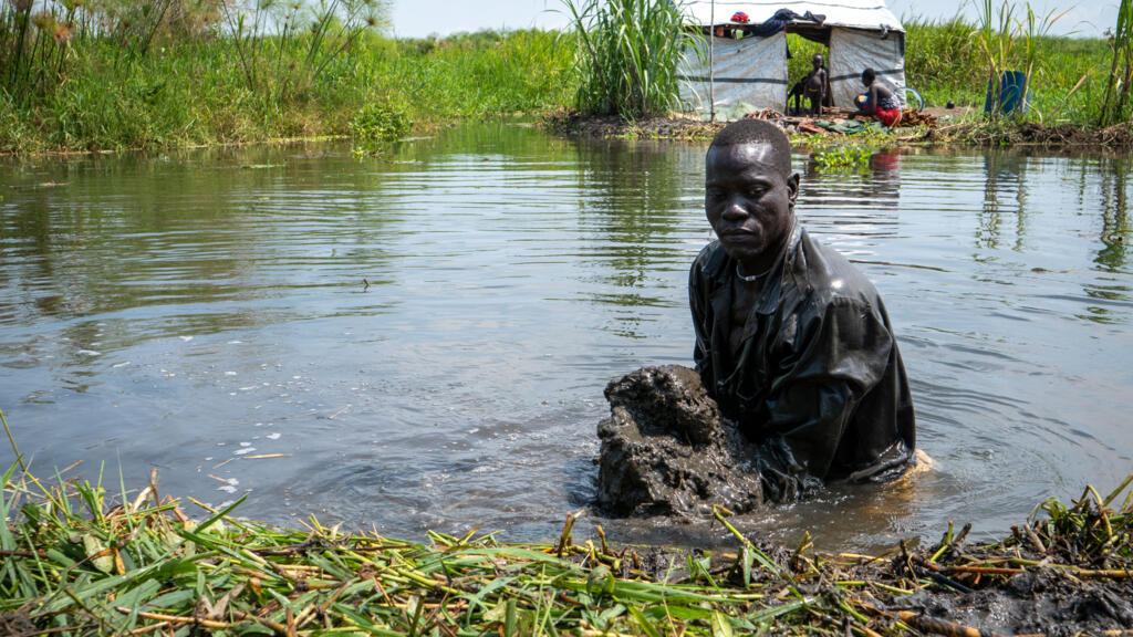 Anyeth Manyang construit l'île sur laquelle repose sa maison, en empilant des couches de papyrus, d'herbes et de boue, dans les îles Akuak, situées dans les marais de la plaine du Nil au Soudan du Sud, le 8 novembre 2025.