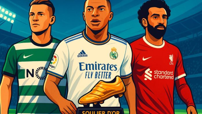 illustration Soulier d'Or Gyökeres, Kylian Mbappé et Mohamed Salah