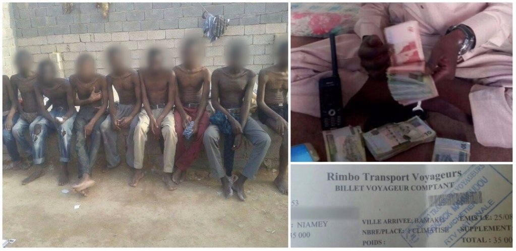 Des migrants rescapés des prisons clandestines de Bani Walid. À droite, un passeur compte ses billets. Crédit : DR