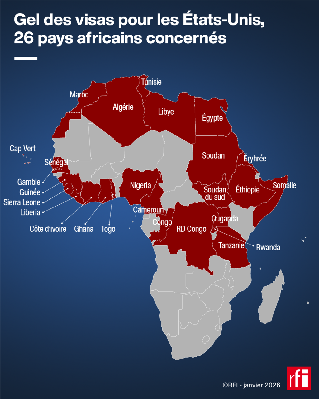 Les 26 pays africains concernés par le gel des visas pour les États-Unis.