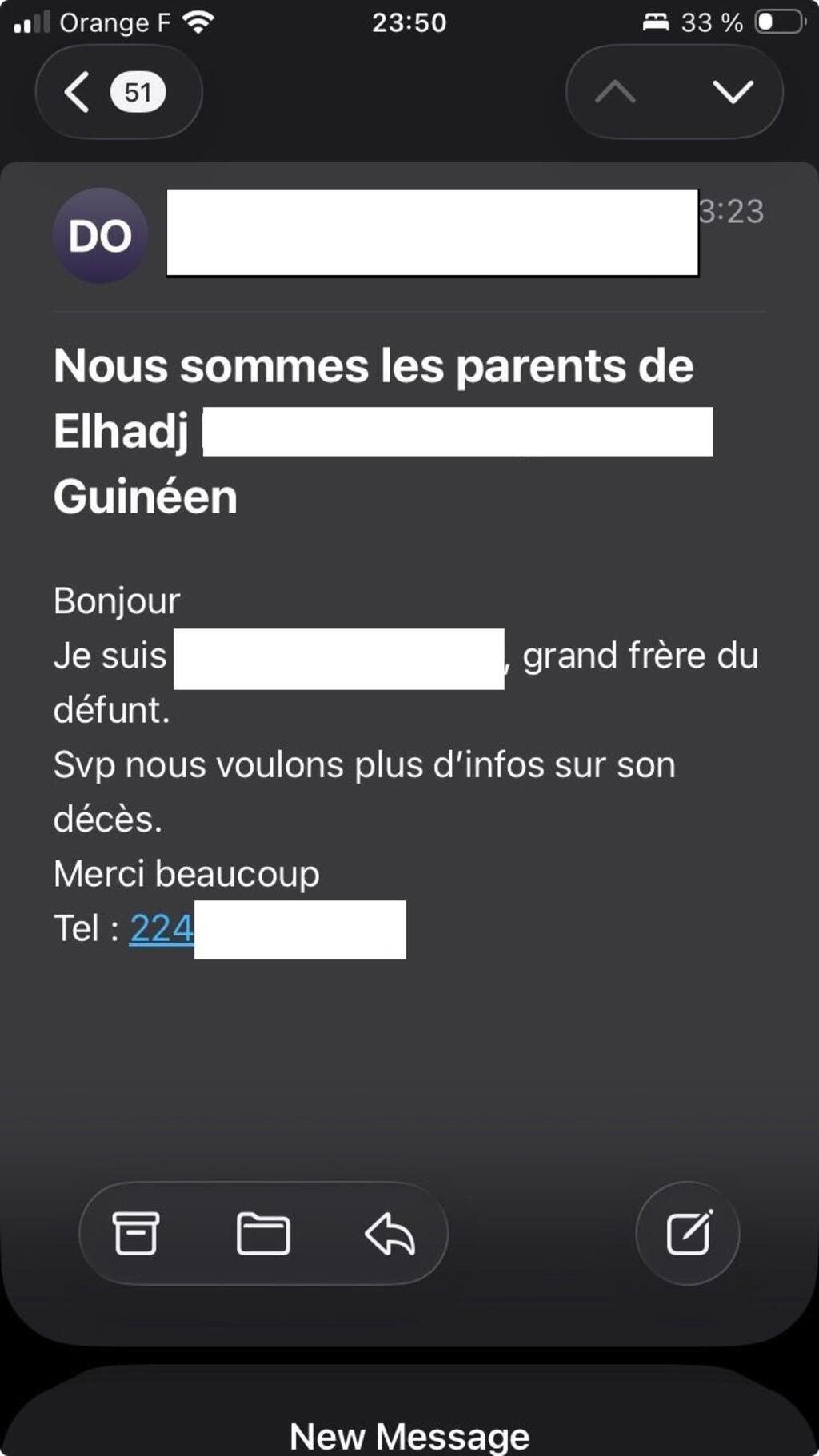 Capture d'écran d'un mail envoyé au collectif All Eyes on Wagner.