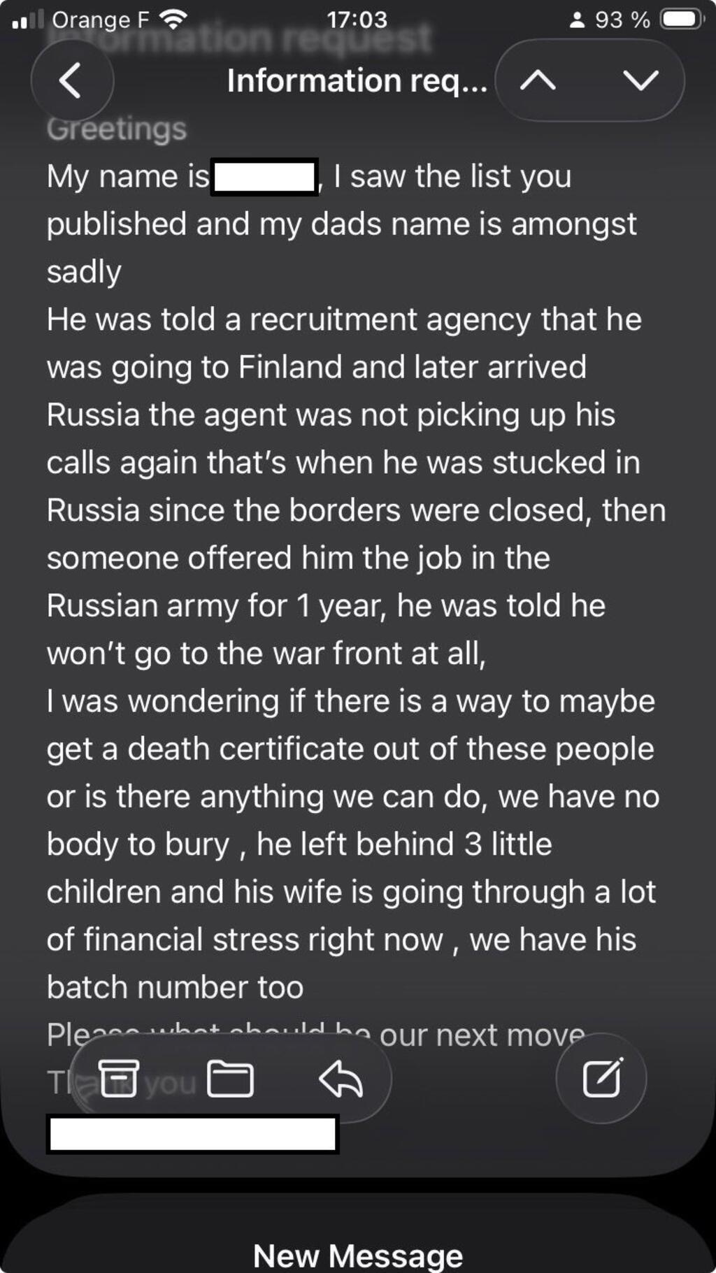 Capture d'écran d'un mail envoyé au collectif All Eyes on Wagner.