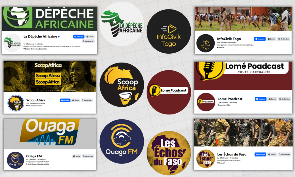 Montage montrant les différentes pages Facebook identifiées lors de notre enquête.