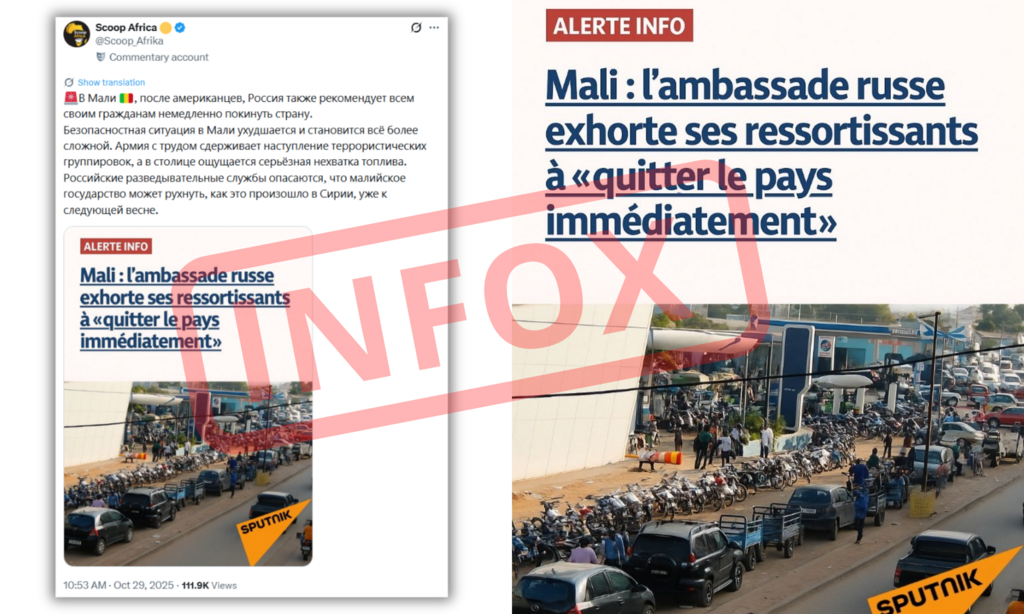 Montage montrant le visuel mensonger usurpant l'identité du média russe Sputnik diffusé en premier par le compte X "Niko Melnikov", aujourd'hui rebaptisé Scoop Africa.