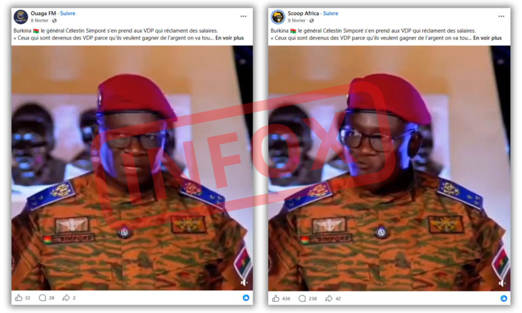 Montage montrant deux publications Facebook relayant le deepfake du chef d'État-major des armées burkinabè, Célestin Simporé.