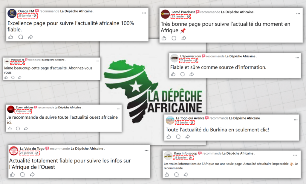 Montage montrant les différents avis positifs publiés, le même jour, par huit pages Facebook, à propos du compte La Dépêche Africaine.