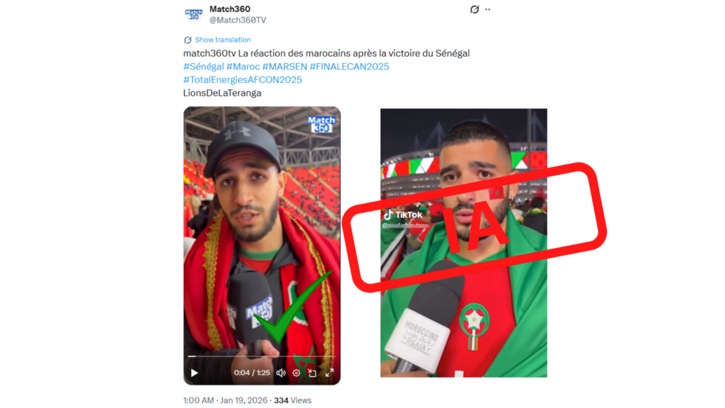 À gauche, une interview réalisée par un média numérique africain après la finale, et, à droite, un faux supporter généré par IA sur TikTok. Le premier a peut-être servi de modèle au second.