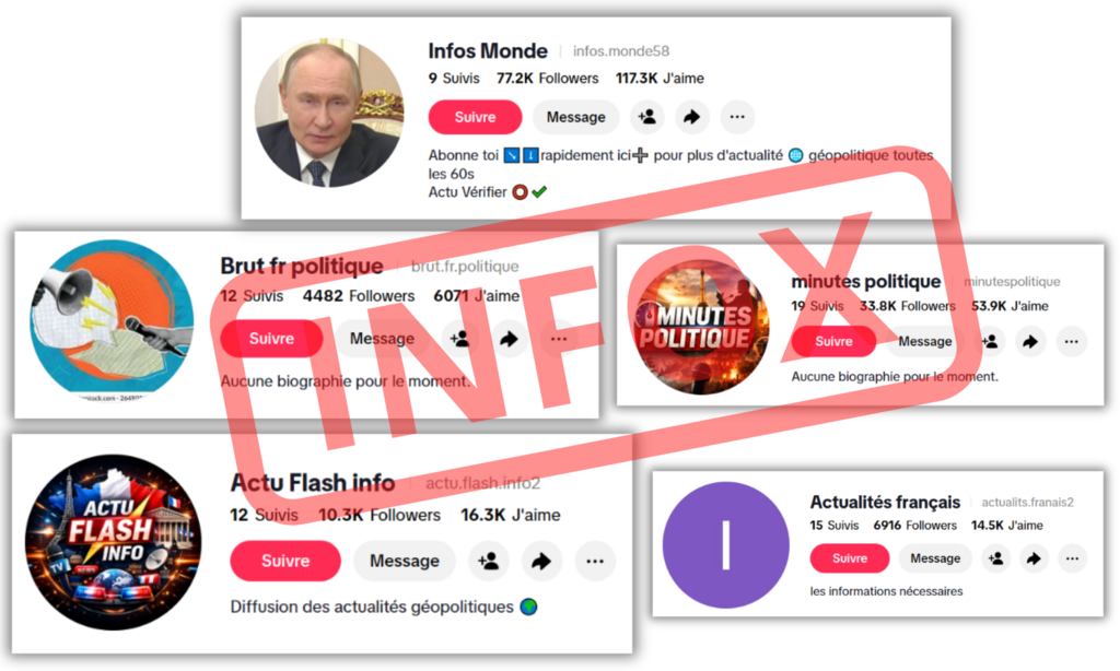 Captures d'écran de comptes TikTok se faisant passer pour des médias.