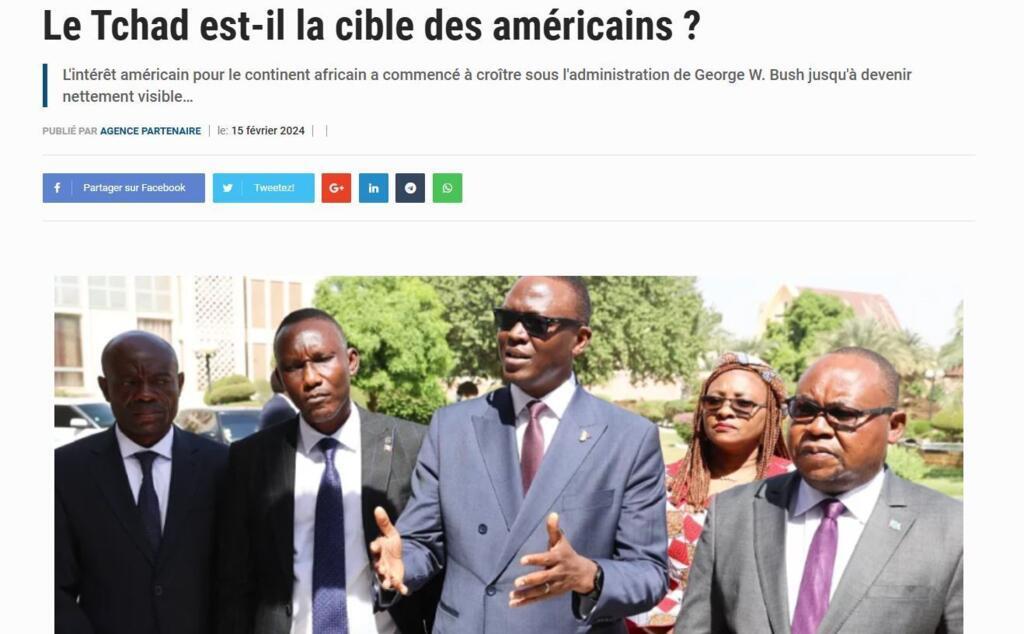 Une capture d'écran d'un article intitulé «Le Tchad est-il la cible des Américains» sur le site journaldutchad.com rédigé par une «Agence partenaire».