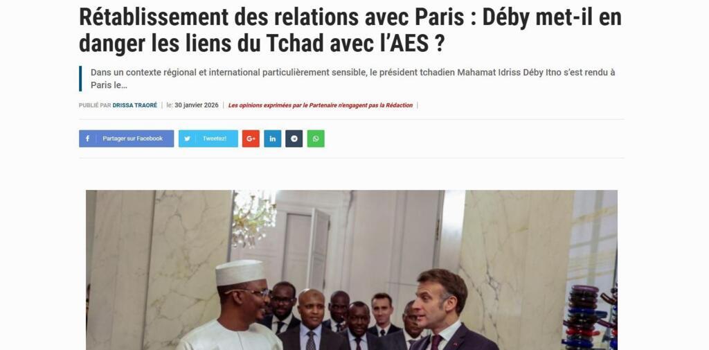 Une capture d'écran d'un article intitulé «Rétablissement des relations avec Paris : Déby met-il en danger les liens du Tchad avec l'AES ?» sur le site journaldutchad.com rédigé par le dénommé «Drissa Traoré».