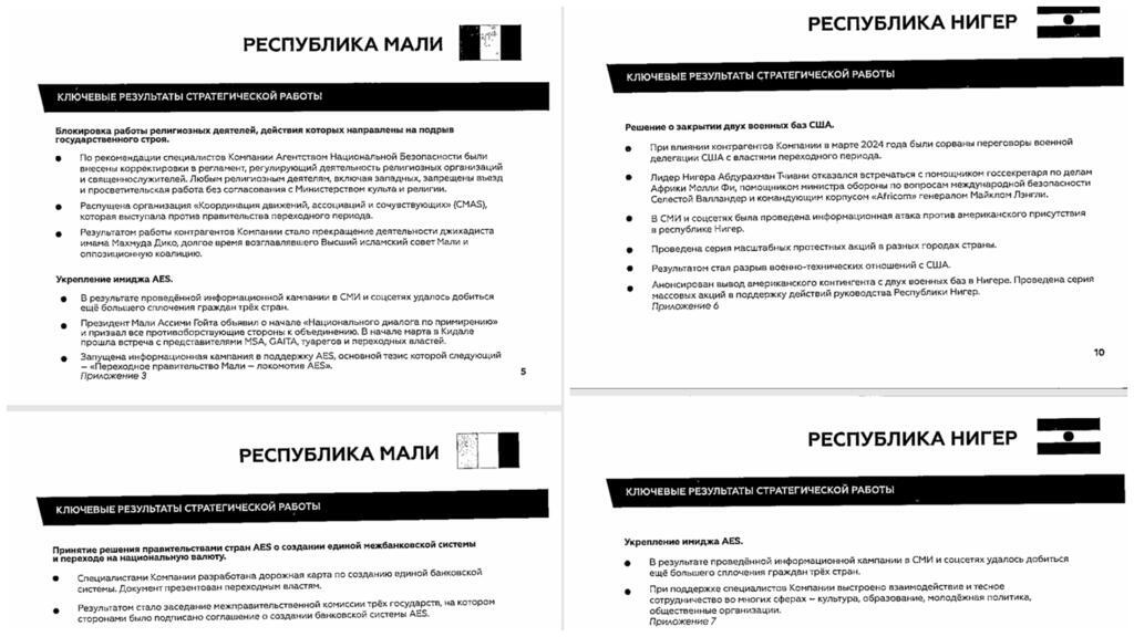 Des documents de la « compagnie » sur la stratégie d'influence russe au Mali (à gauche) et au Niger (à droite).