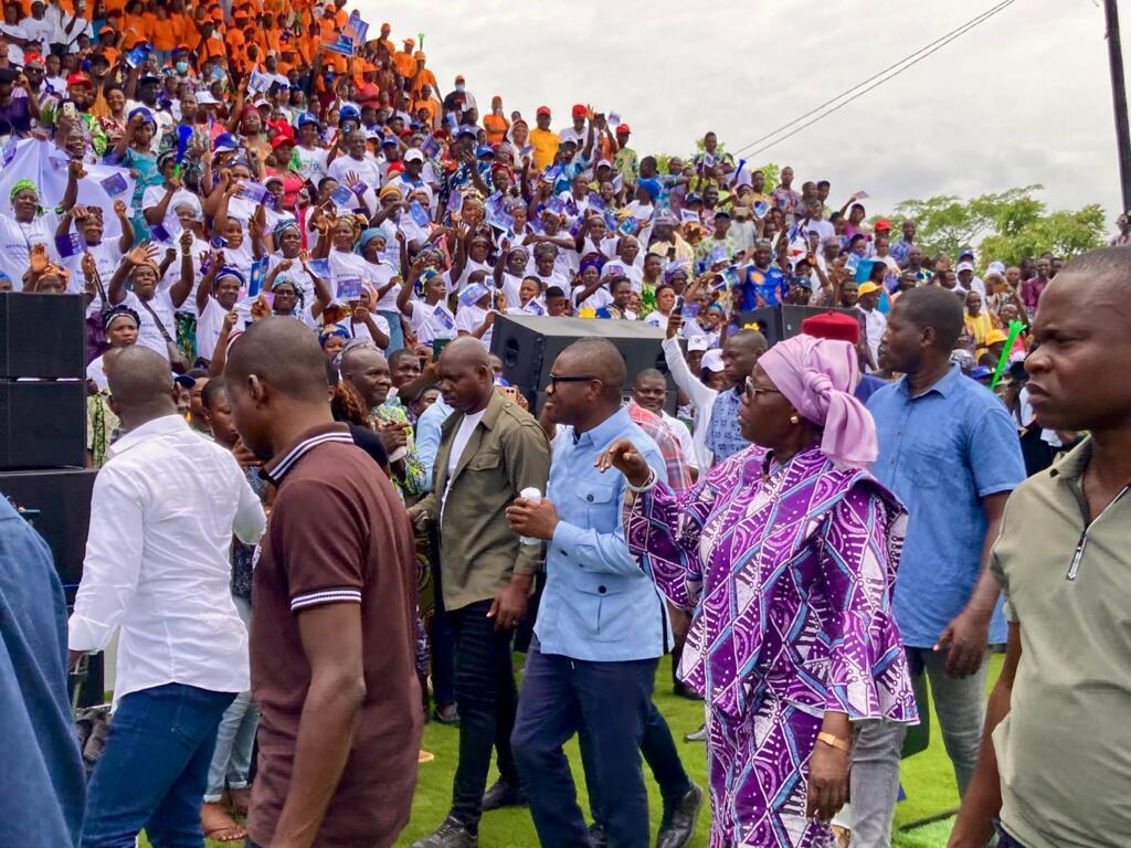 Le candidat de la mouvance présidentielle Romuald Wadagni lors de son meeting au stade de Lokossa, le 8 avril.